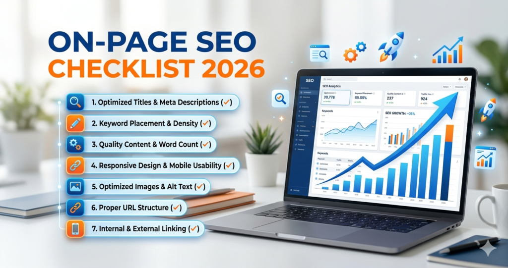 Modern workspace featuring a laptop displaying a blue and orange SEO analytics dashboard with an upward-trending growth chart. On the left, a clean, professional "On-Page SEO Checklist 2026" text overlay is paired with an illustrated 7-point checklist covering titles, keywords, content, and mobile usability.