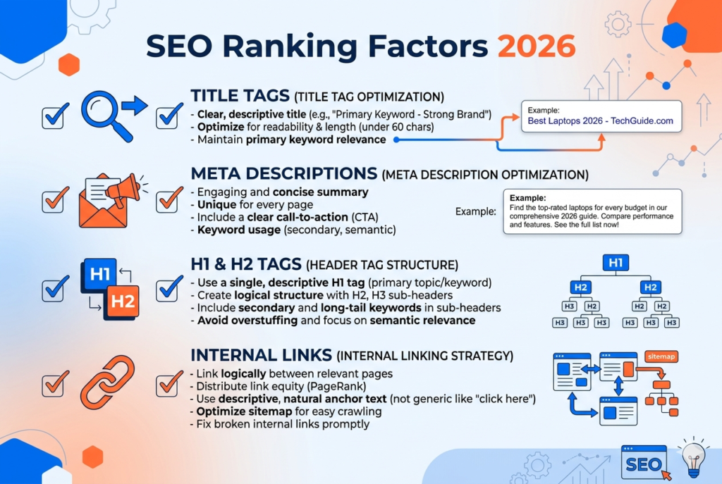 A clean, professional infographic checklist titled "SEO Ranking Factors 2026" using a blue and orange color scheme. The visual lists core optimization elements with checkmarks and diagrams, detailing best practices for Title Tags, Meta Descriptions, H1 and H2 Header Tag structure, and Internal Links strategy.