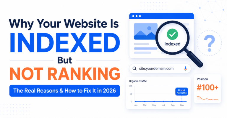 Illustration showing a website indexed in Google but not ranking, with a magnifying glass over search results and a flat traffic graph