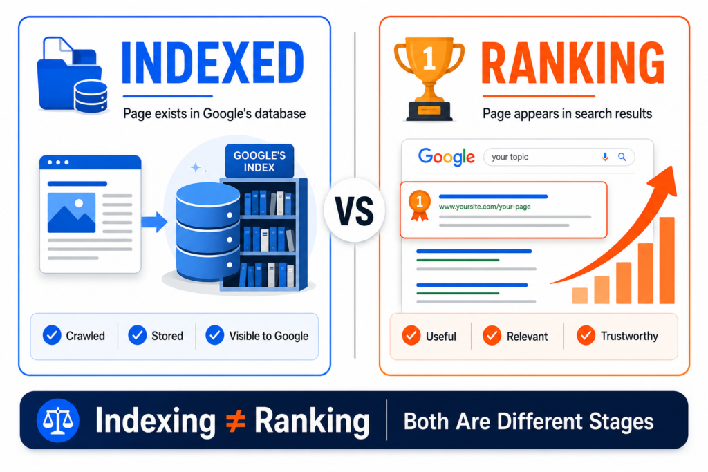 Side by side comparison infographic showing the difference between indexed pages stored in Google's database and ranked pages appearing in search results