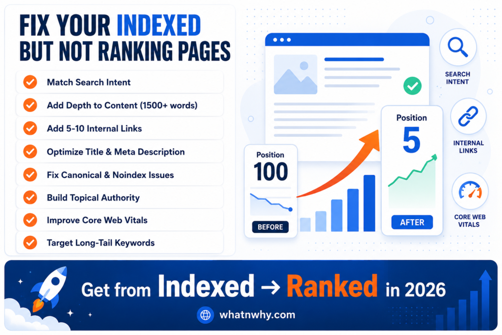 SEO checklist infographic showing 8 actionable steps to fix indexed pages that are not ranking on Google, including search intent matching, internal linking, and Core Web Vitals optimisation