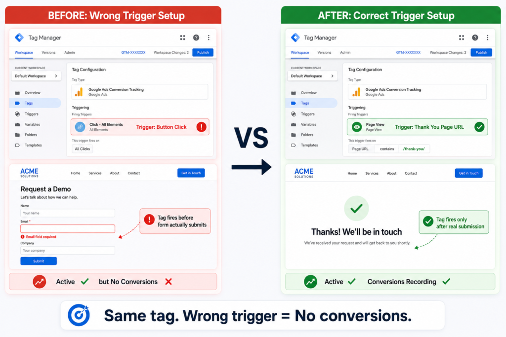 Before and after comparison of a Google Ads conversion tracking fix, showing how changing the trigger from button click to thank you page URL solved the no recent conversions issue