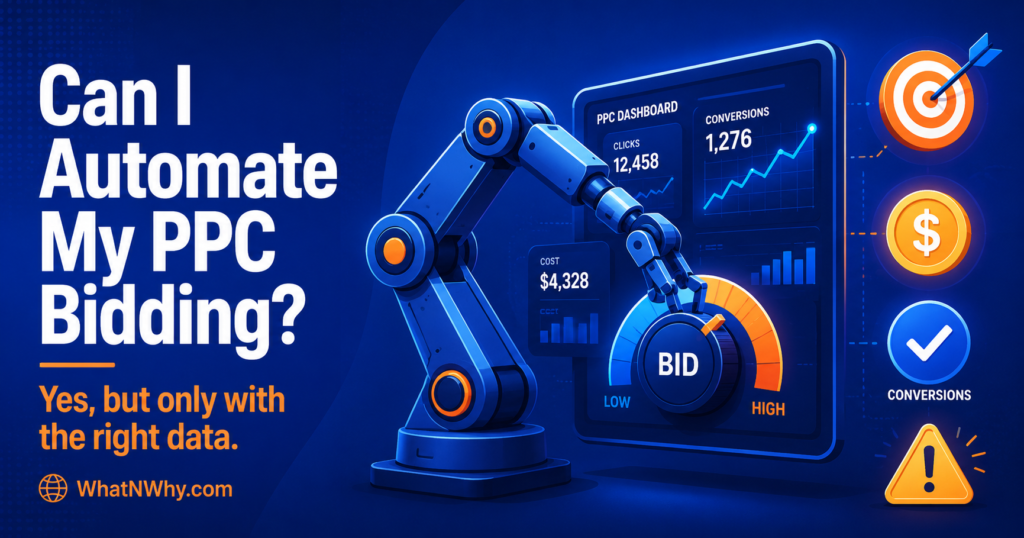 Social share card reading Can I Automate My PPC Bidding with an automation gear adjusting a bidding dial on a dashboard