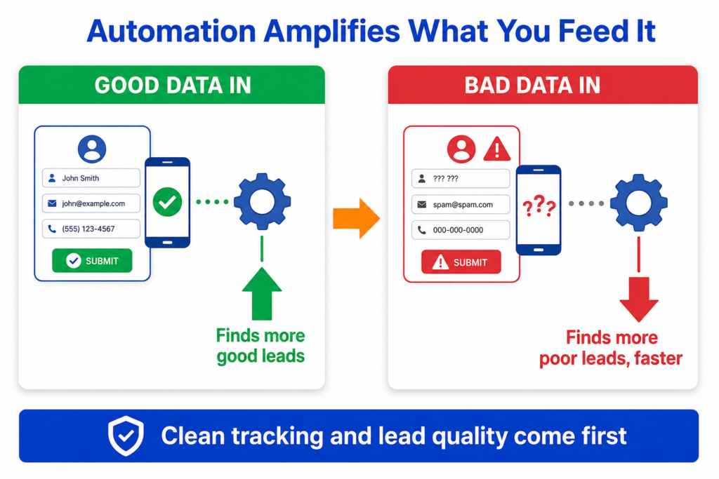 Comparison diagram showing good clean conversion data leading automation to find more good leads versus bad data leading it to find more poor leads faster