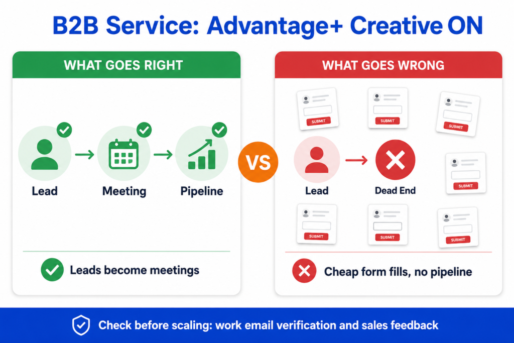 Comparison diagram showing qualified pipeline versus low quality form fills when a B2B business uses Meta Advantage Plus Creative