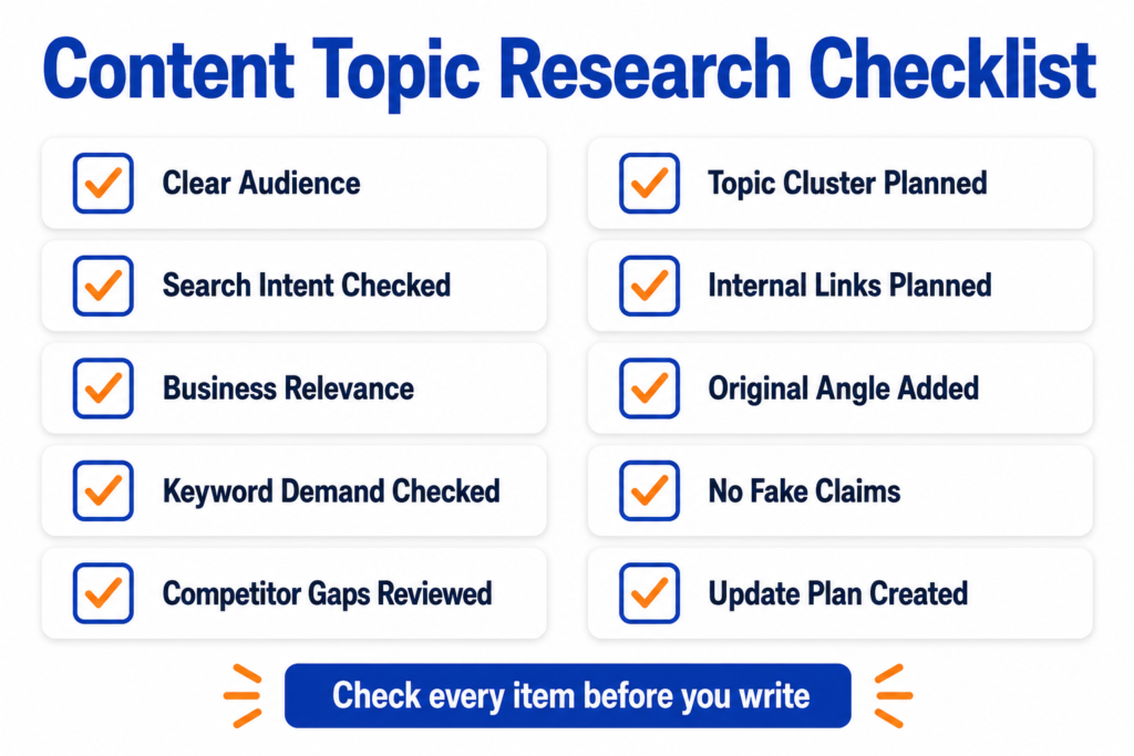 A visual checklist showing 10 content topic research checks including clear audience, search intent, business relevance, keyword demand, competitor gaps, topic cluster, internal links, original angle, no fake claims, and update plan