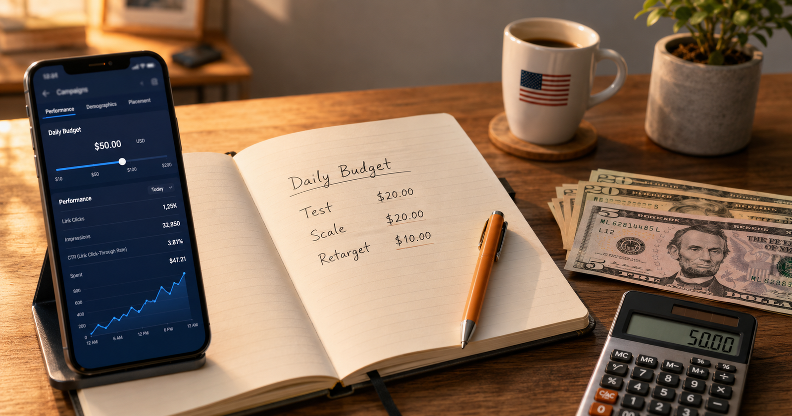 A notebook with a daily budget plan next to US dollar bills, a calculator, and a phone showing an ads dashboard, representing how to choose a daily budget for Facebook ads in the USA