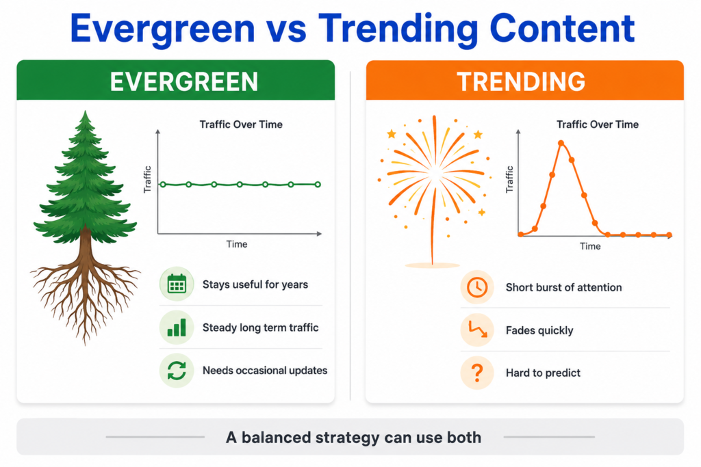 Comparison diagram showing evergreen content with steady long term traffic versus trending content that spikes then fades, noting a balanced strategy can use both