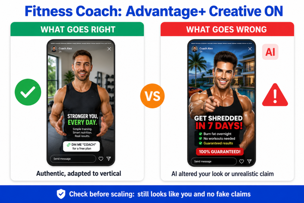 Comparison diagram showing an authentic coach video versus an AI altered version when a fitness coach uses Meta Advantage Plus Creative