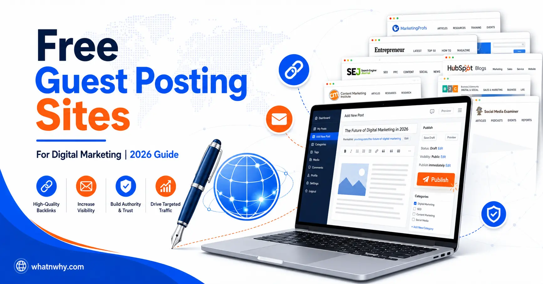 Featured image showing free guest posting sites for digital marketing in 2026 with a laptop displaying a blog publishing dashboard and backlink connection icons