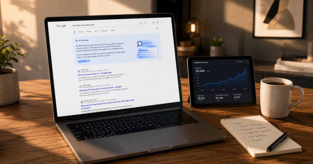 Modern workspace with a laptop showing a Google AI Overview answer box above a list of website links, representing how to optimize blog posts for Google AI Overviews in 2026