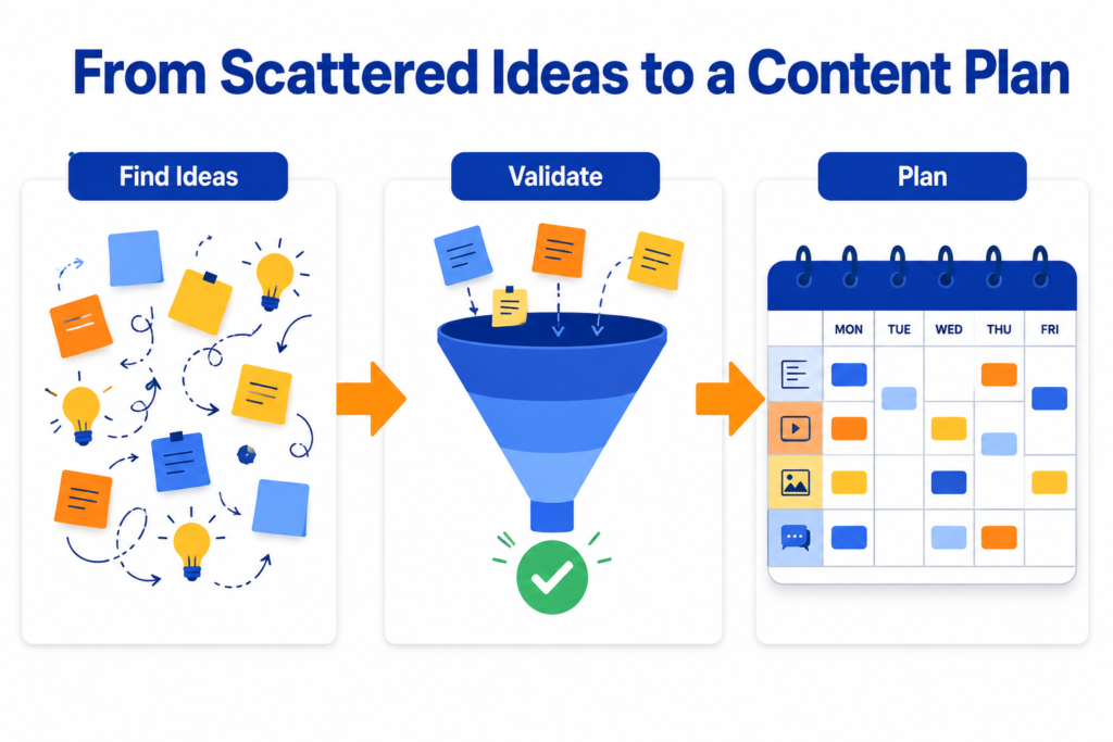 Flow diagram showing scattered topic ideas filtered through validation into an organised content calendar plan