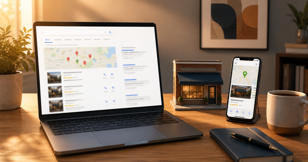 A laptop showing local search results next to a small storefront model and a phone displaying a business in local search, representing whether SEO is still effective for small businesses