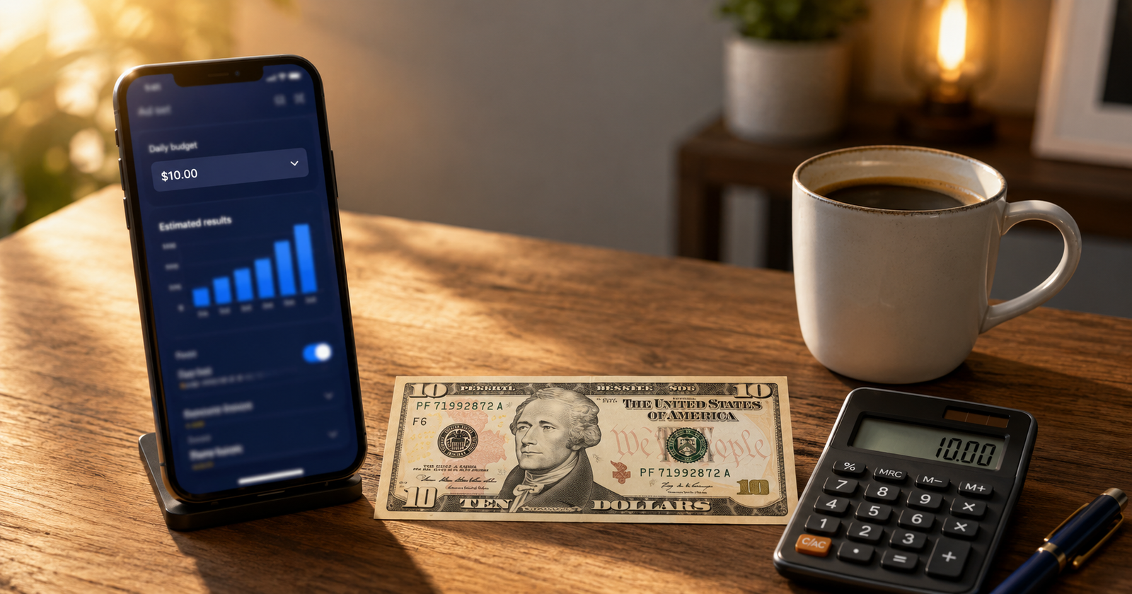 A ten dollar bill on a desk next to a phone showing an ads budget dashboard and a calculator displaying 10, representing whether 10 dollars a day is enough for Facebook ads