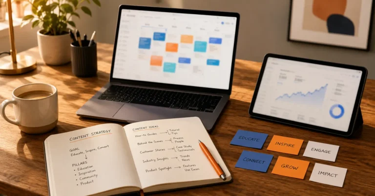 A laptop showing a content calendar next to a notebook with a content strategy outline and a tablet displaying analytics, representing the key elements of a content marketing strategy