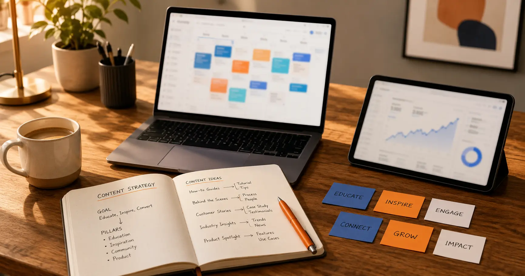 A laptop showing a content calendar next to a notebook with a content strategy outline and a tablet displaying analytics, representing the key elements of a content marketing strategy