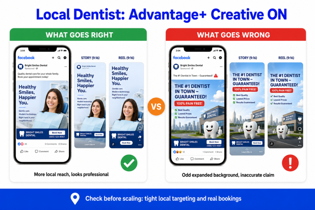 Comparison diagram showing what goes right and what goes wrong when a local dentist turns on Meta Advantage Plus Creative