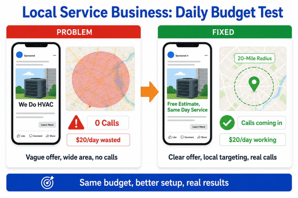 Before and after comparison showing a local HVAC business fixing a vague ad with broad targeting into a focused local ad with a clear offer and real calls on the same daily budget