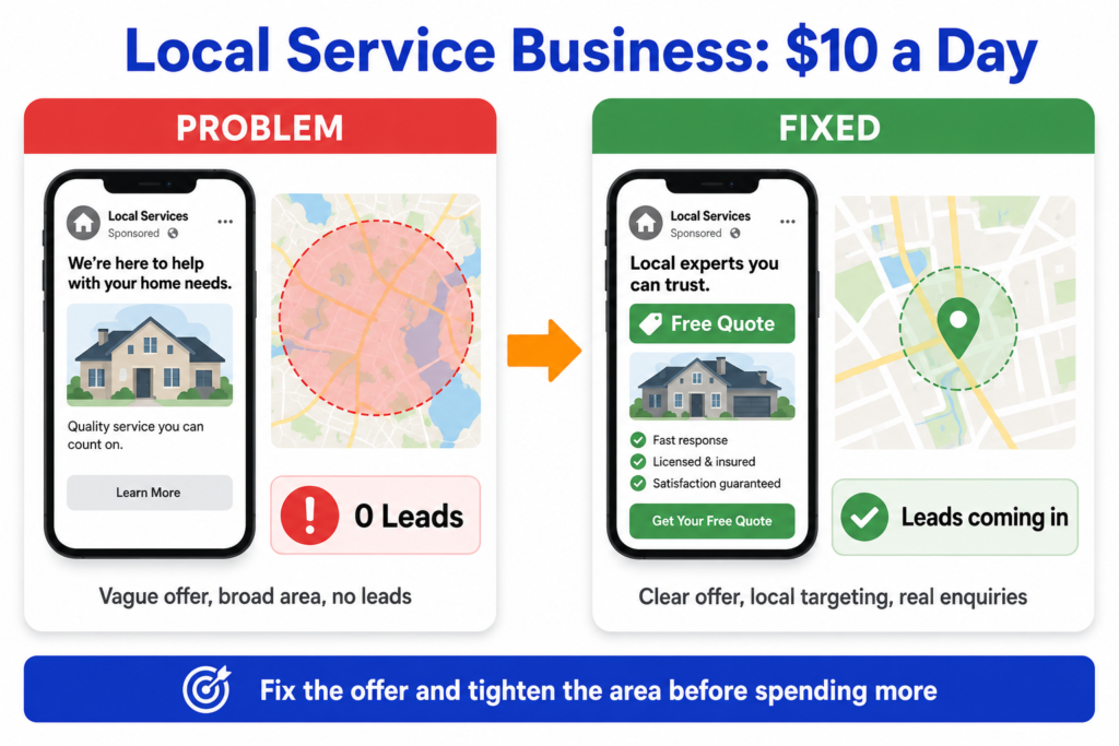 Before and after comparison showing a local service business fixing a vague Facebook ad with broad targeting into a focused local ad with a clear offer and real leads