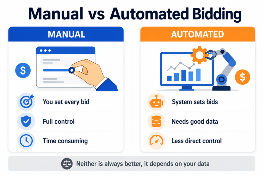 Comparison diagram showing manual bidding with full control but time consuming versus automated bidding that needs good data, noting neither is always better