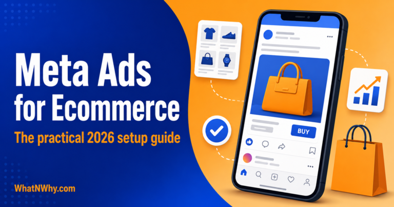 Social share card reading Meta Ads for Ecommerce with a phone showing a product ad feed, catalogue grid, and sales graph