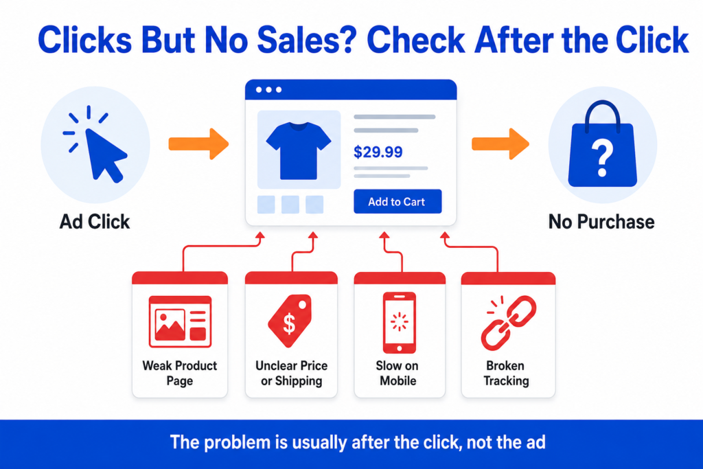 Diagram showing that when Meta ads get clicks but no sales, the problem is usually after the click, such as a weak product page, unclear price or shipping, slow mobile, or broken tracking