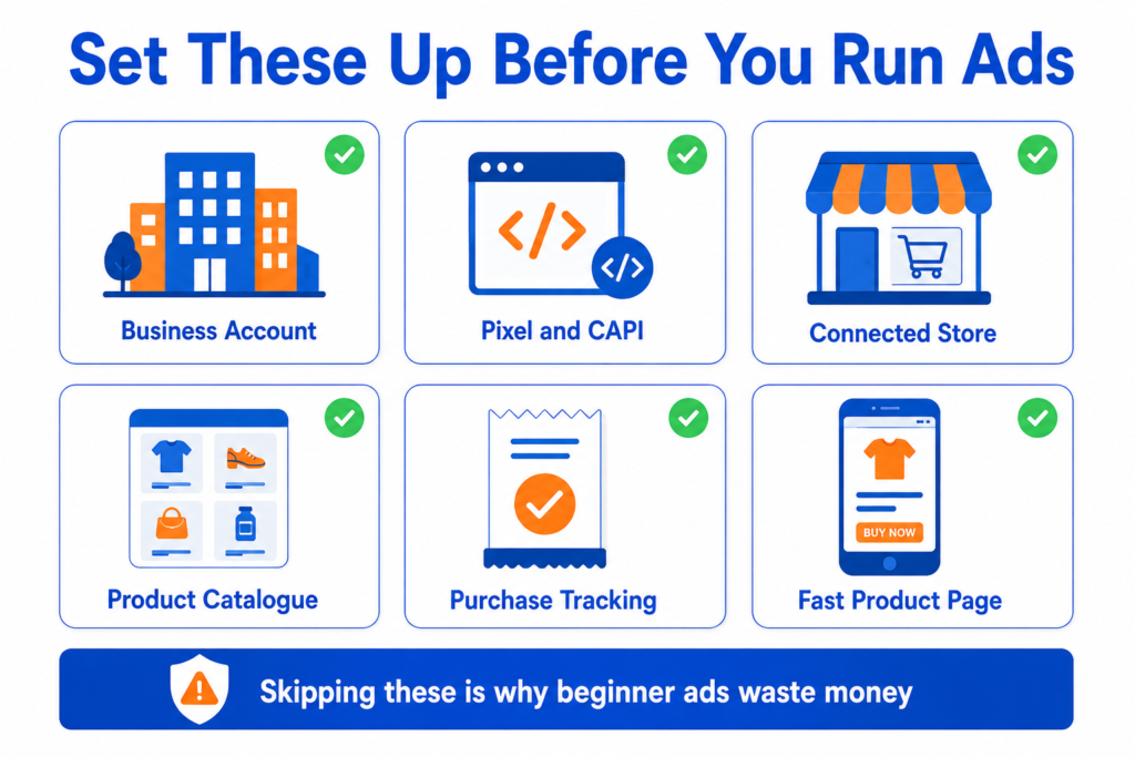Diagram showing six foundations to set up before running Meta ads for ecommerce, including business account, Pixel and CAPI, connected store, product catalogue, purchase tracking, and a fast product page