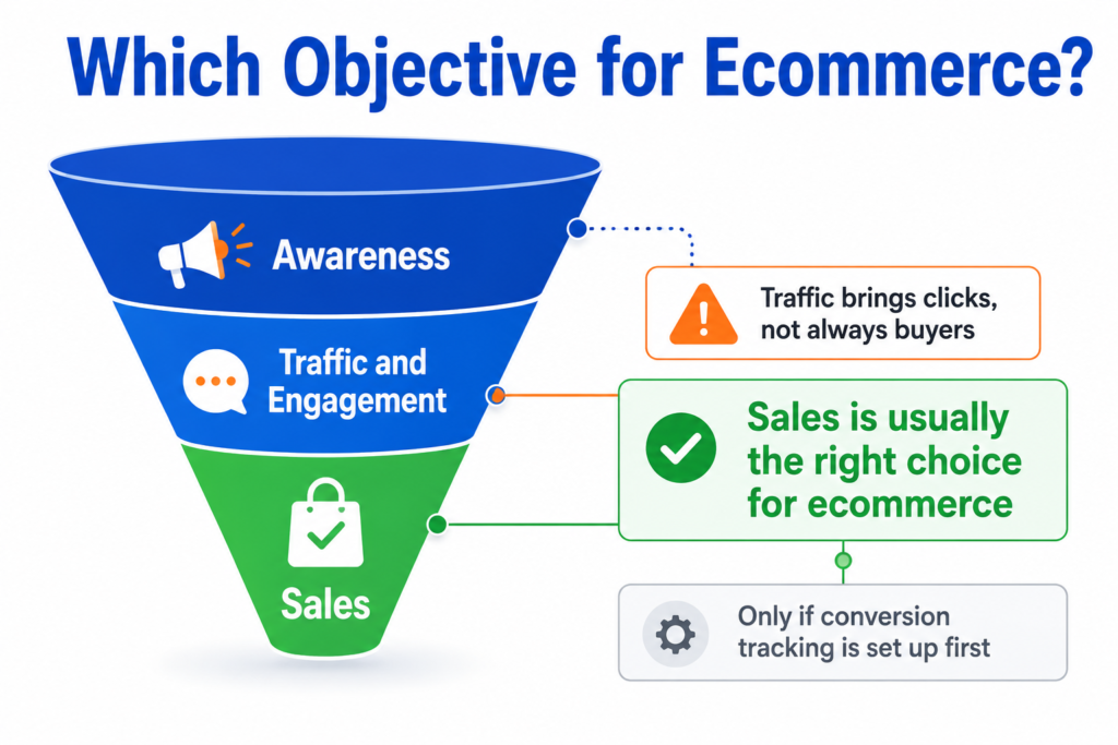 Funnel diagram showing Meta ad objectives from awareness to traffic to sales, with sales highlighted as the usual right choice for ecommerce when tracking is set up