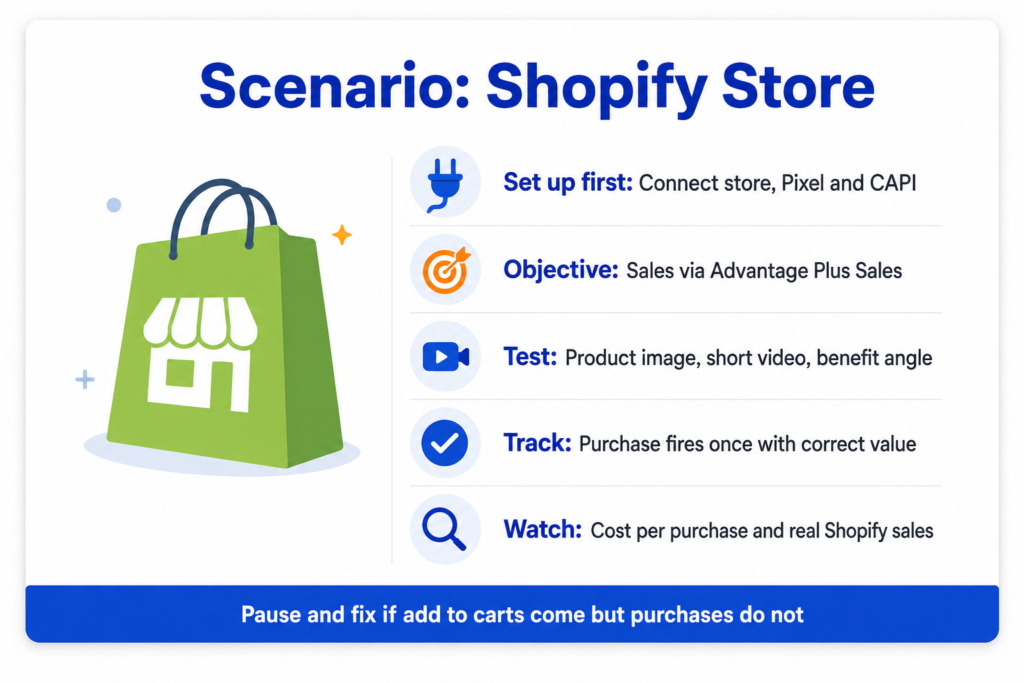 Scenario card for a Shopify store showing setup of store connection Pixel and CAPI, the Sales objective via Advantage Plus Sales, creative to test, purchase tracking to check, and watching cost per purchase against real Shopify sales