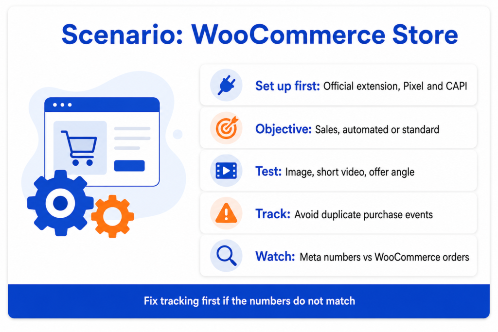 Scenario card for a WooCommerce store showing setup with the official extension Pixel and CAPI, the Sales objective, creative to test, avoiding duplicate purchase events, and watching Meta numbers against WooCommerce orders