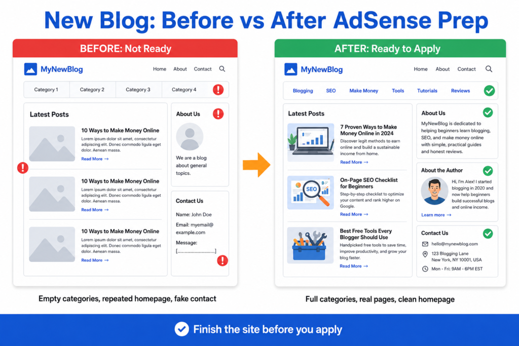 Before and after comparison showing a new marketing blog with empty categories and fake details fixed into a complete, ready to apply website