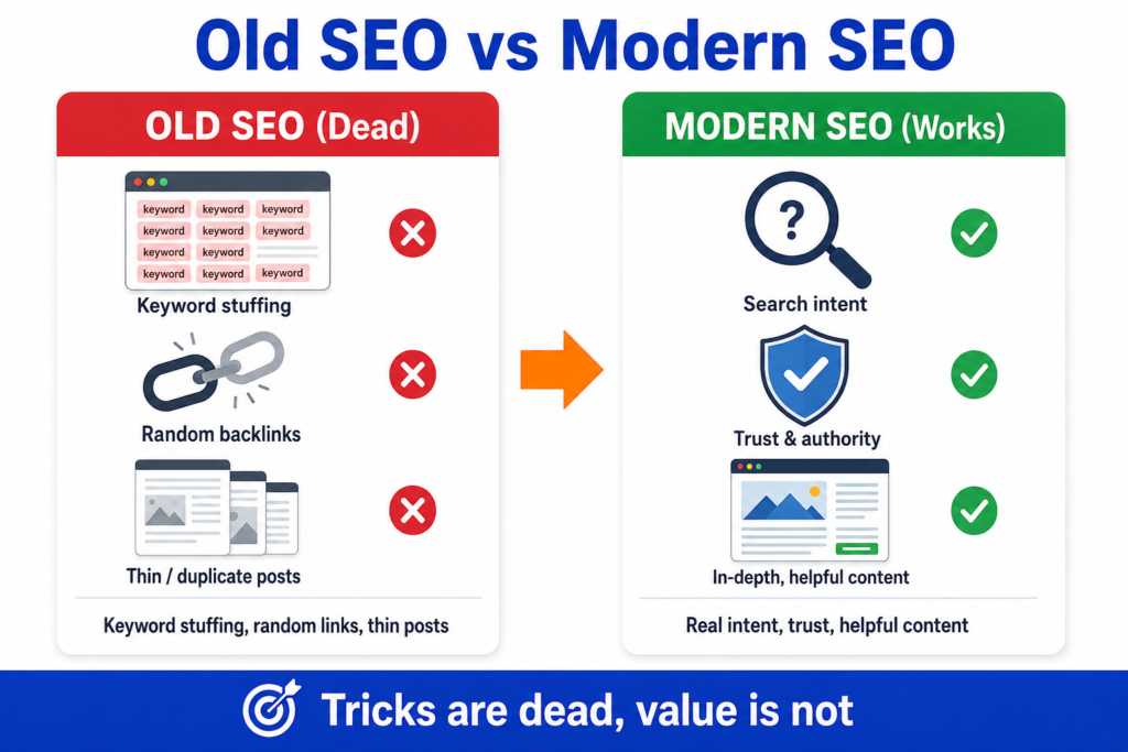 Comparison diagram showing old SEO tricks like keyword stuffing and random backlinks replaced by modern SEO focused on search intent, trust, and helpful content