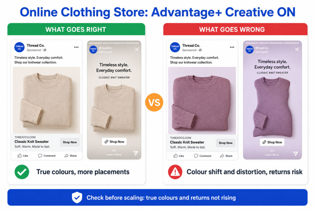 Comparison diagram showing accurate product display versus distorted colours when an online clothing store uses Meta Advantage Plus Creative