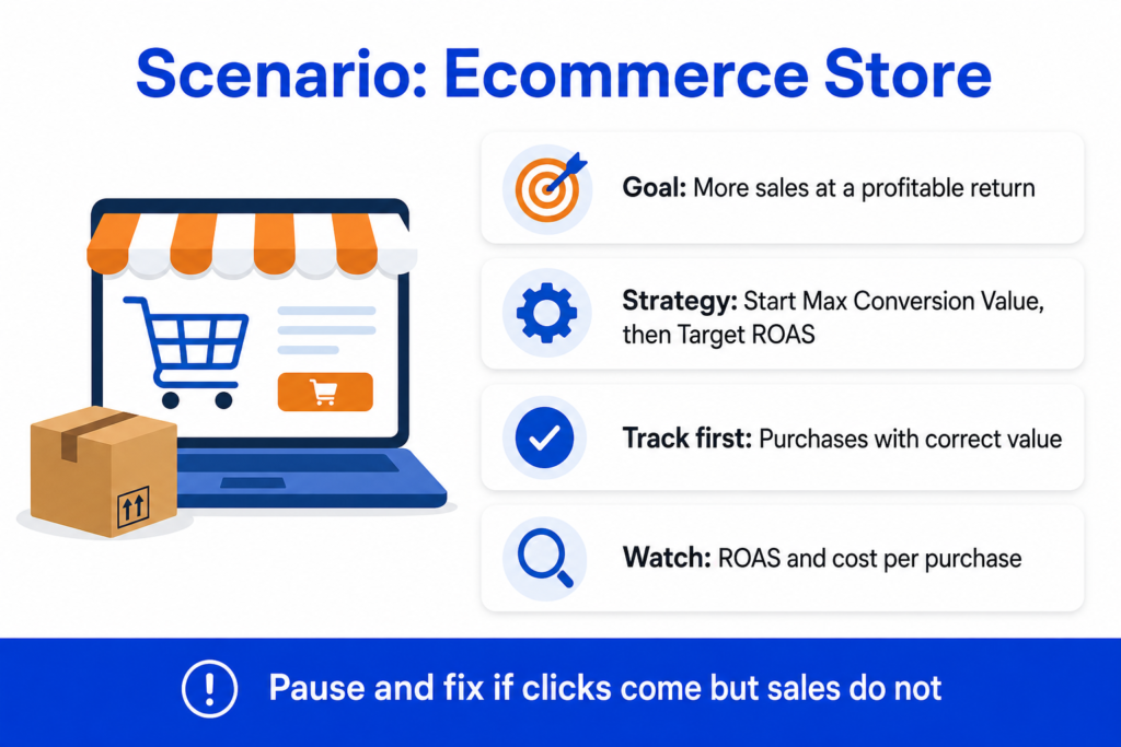 Scenario card for an ecommerce store showing the goal of more sales at a profitable return, starting with Maximize Conversion Value then Target ROAS, tracking purchases with correct value, and watching ROAS and cost per purchase