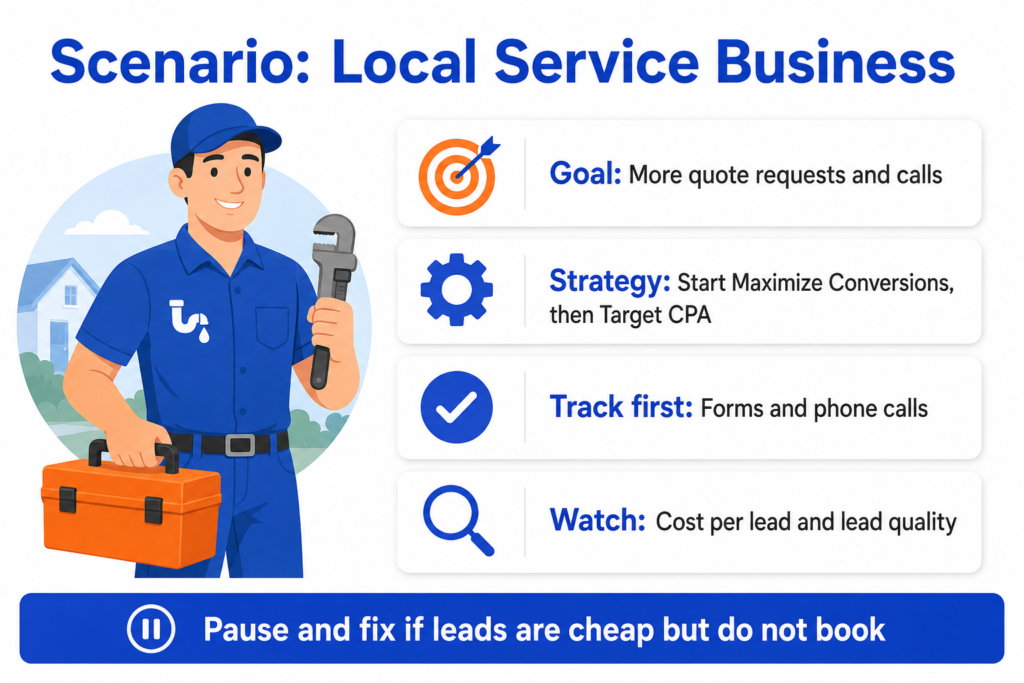Scenario card for a local service business showing the goal of more quote requests and calls, starting with Maximize Conversions then Target CPA, tracking forms and calls, and watching cost per lead and lead quality