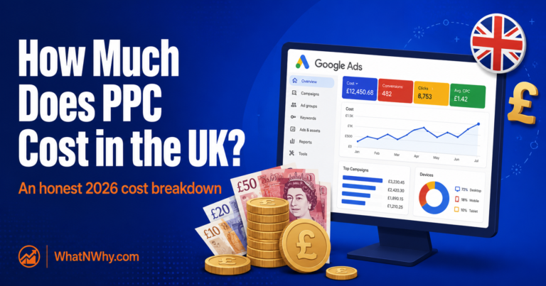 Social share card reading How Much Does PPC Cost in the UK with pound coins next to an ads dashboard showing a cost graph