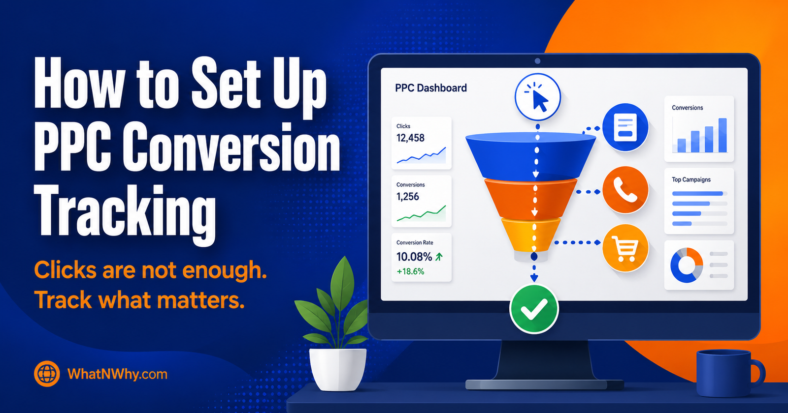 Social share card reading How to Set Up PPC Conversion Tracking with a monitor showing a conversion funnel from click to action