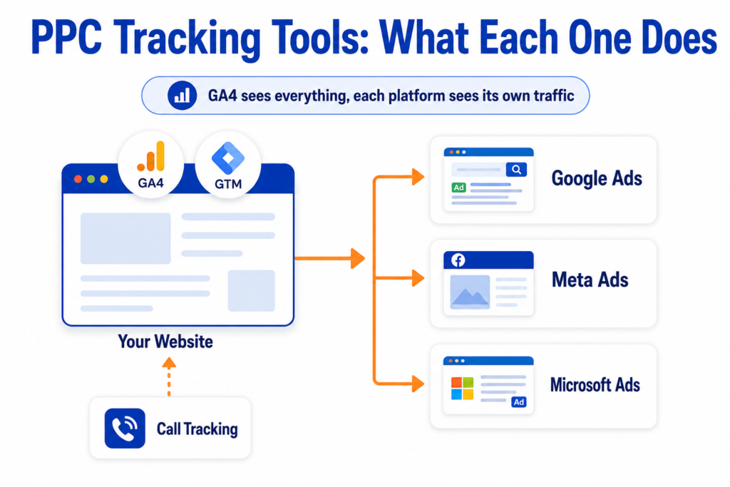 Diagram showing how PPC tracking tools connect, with GA4 and GTM on the website sending data to Google Ads, Meta Ads, and Microsoft Ads, with call tracking below