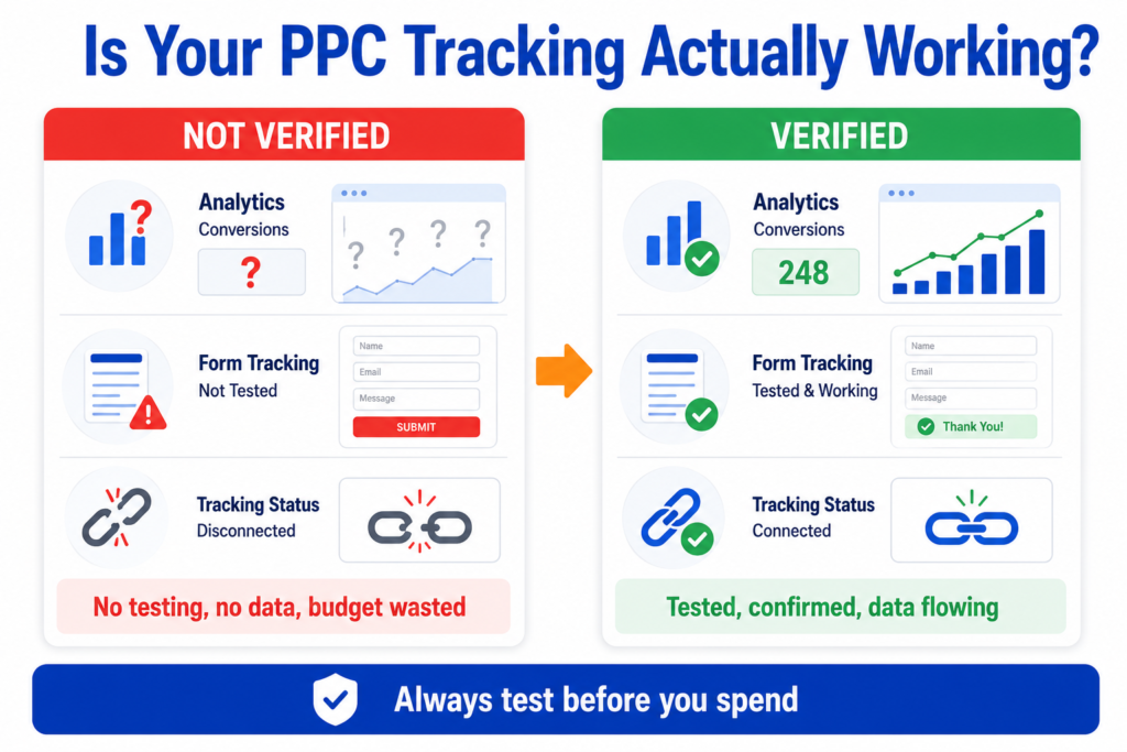 Before and after comparison showing unverified PPC tracking with missing data versus verified tracking with clean conversion data flowing