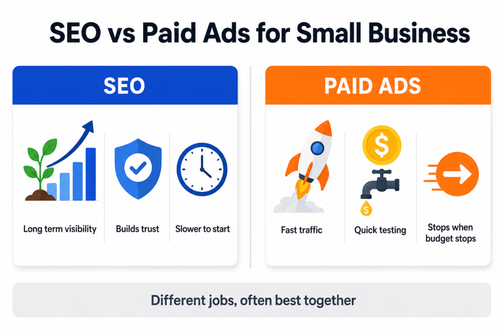 Balanced comparison diagram showing SEO offering long term visibility and trust versus paid ads offering fast traffic and quick testing for small businesses