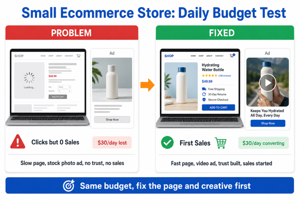 Before and after comparison showing a small ecommerce store fixing a slow product page and stock photo ad into a fast page with video creative and first sales on the same daily budget
