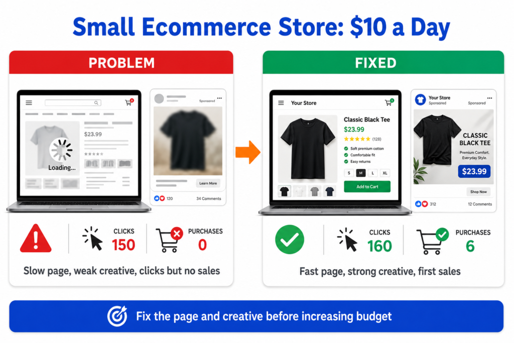 Before and after comparison showing a small ecommerce store fixing a slow product page and weak ad creative into a fast page with strong creative and first sales