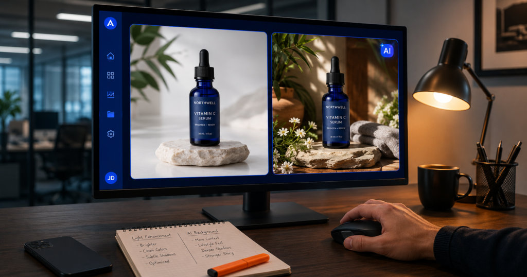A monitor showing two ad previews side by side, one lightly adjusted and one with an AI generated background marked with an AI badge, illustrating standard versus generative enhancements