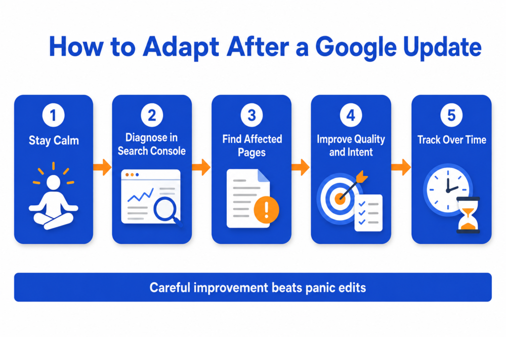 Flow diagram showing five stages to adapt after a Google update, from staying calm and diagnosing in Search Console to improving quality and tracking over time