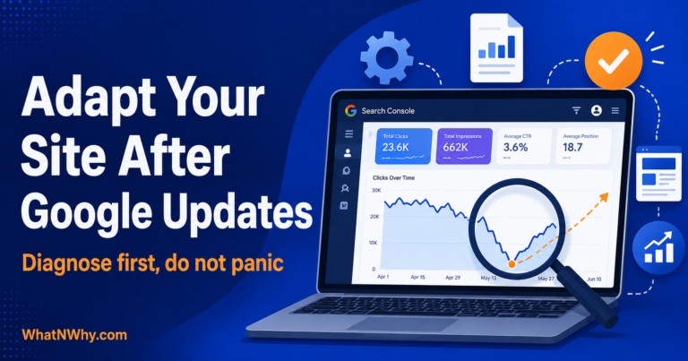 Social share card reading Adapt Your Site After Google Updates with a laptop showing a traffic graph dipping then recovering under a magnifying glass