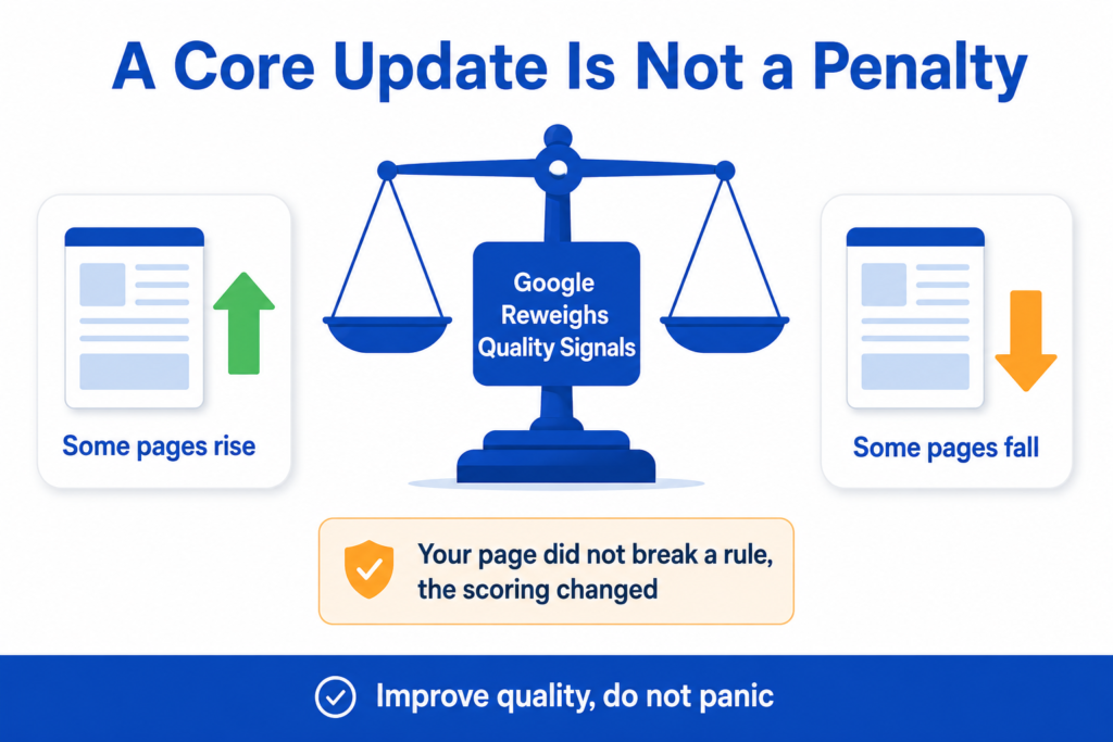 Diagram showing a core update reweighing quality signals so some pages rise and some fall, illustrating that a drop is not a penalty but a change in scoring