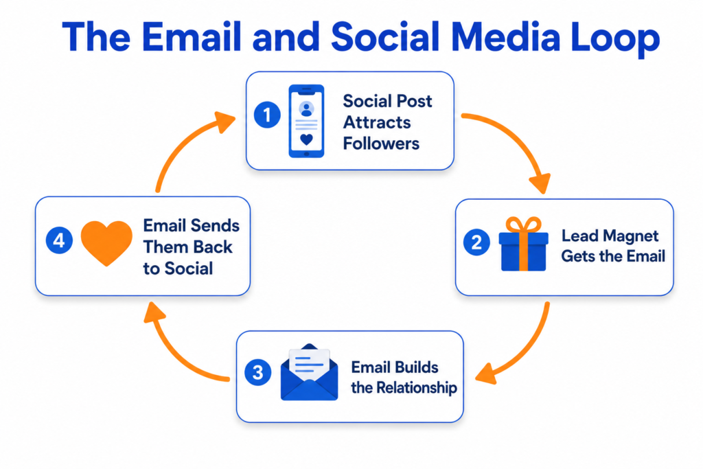 Circular loop diagram showing social posts attracting followers, a lead magnet capturing the email, email building the relationship, and email sending people back to social, repeating