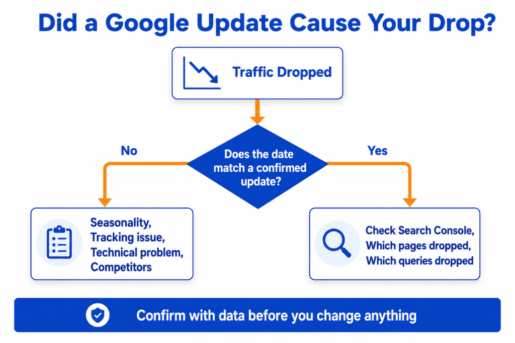 Decision flow diagram showing how to check if a traffic drop matches a confirmed Google update date, branching into other causes if no and Search Console checks if yes