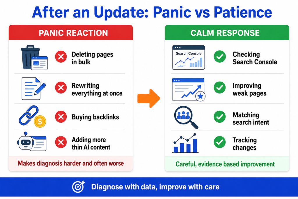 Comparison diagram showing panic reactions like bulk deleting and rewriting everything versus a calm response of checking Search Console, improving weak pages, and tracking changes